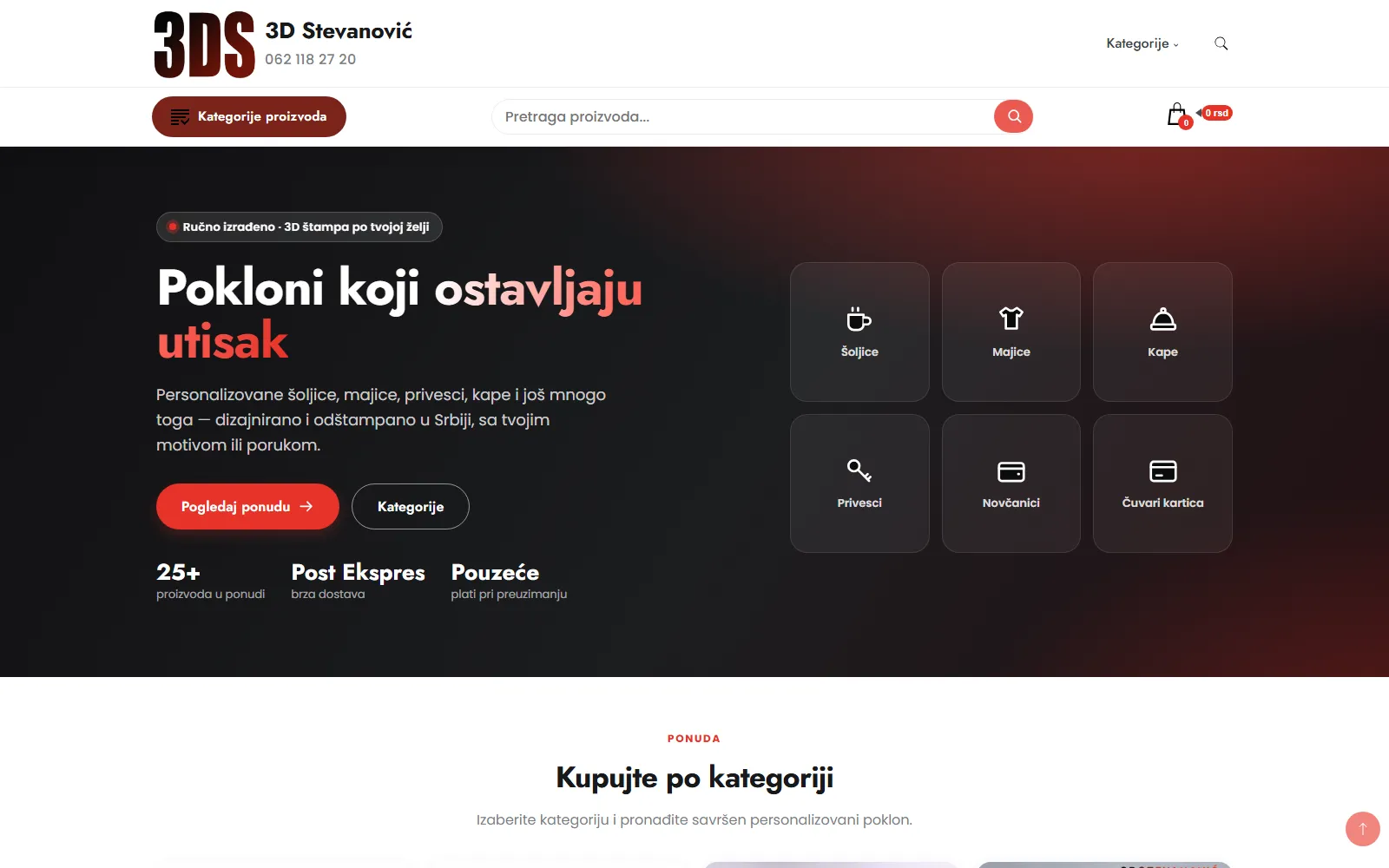 Naslovna strana web prodavnice 3D Stevanović sa kategorijama personalizovanih poklona